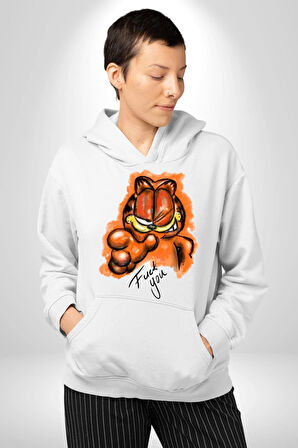 Sinirli Garfield Kadın Erkek  Beyaz Kapüşonlu Sweatshirt Hoodie
