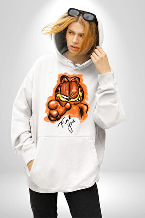 Sinirli Garfield Kadın Erkek  Beyaz Kapüşonlu Sweatshirt Hoodie