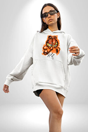 Sinirli Garfield Kadın Erkek  Beyaz Kapüşonlu Sweatshirt Hoodie