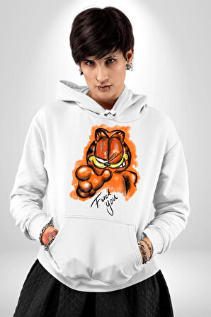 Sinirli Garfield Kadın Erkek  Beyaz Kapüşonlu Sweatshirt Hoodie