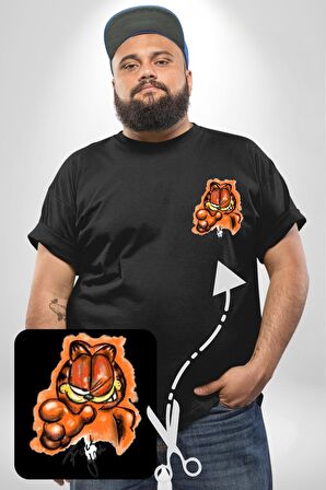 Sinirli Garfield Siyah Büyük Beden Kadın Basic Minimal Baskılı Tişört