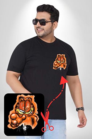 Sinirli Garfield Siyah Büyük Beden Kadın Basic Minimal Baskılı Tişört