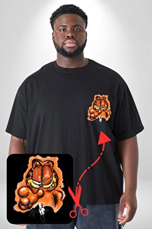 Sinirli Garfield Siyah Büyük Beden Kadın Basic Minimal Baskılı Tişört