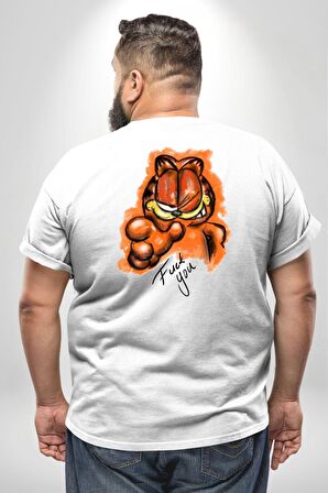 Sinirli Garfield Büyük Beden Beyaz Tişört Kadın Erkek Ünisex Sırt Baskılı
