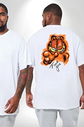 Sinirli Garfield Büyük Beden Beyaz Tişört Kadın Erkek Ünisex Sırt Baskılı