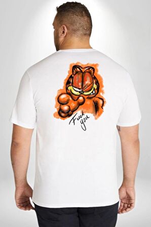 Sinirli Garfield Büyük Beden Beyaz Tişört Kadın Erkek Ünisex Sırt Baskılı
