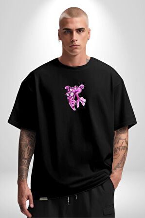Pembe Panter Siyah Oversize Kadın Erkek Ön Orta Minimal Baskılı Tişört