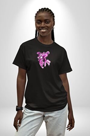 Pembe Panter Siyah Oversize Kadın Erkek Ön Orta Minimal Baskılı Tişört