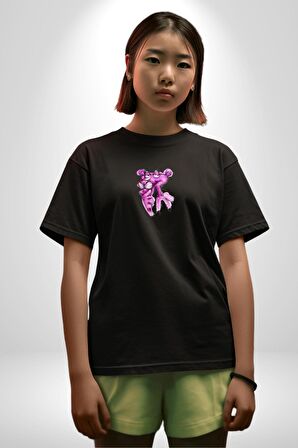 Pembe Panter Siyah Oversize Kadın Erkek Ön Orta Minimal Baskılı Tişört