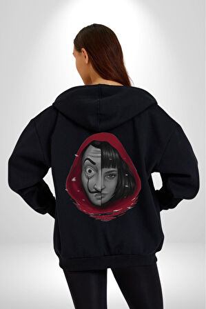 La Casa De Papel Tokyo Kadın Erkek Siyah Kapüşonlu Fermuarlı Baskılı Hırka Sweatshirt
