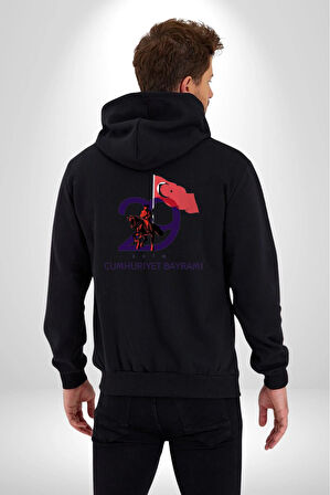 29 Ekim Cumhuriyet Bayramı Atatürk Türk Bayrağı Kadın Erkek Siyah Kapüşonlu Fermuarlı Baskılı Hırka Sweatshirt