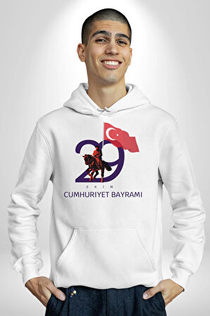 29 Ekim Cumhuriyet Bayramı Atatürk Türk Bayrağı Kadın Erkek  Beyaz Kapüşonlu Sweatshirt Hoodie