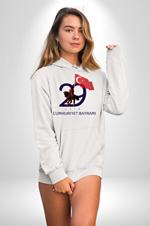 29 Ekim Cumhuriyet Bayramı Atatürk Türk Bayrağı Kadın Erkek  Beyaz Kapüşonlu Sweatshirt Hoodie