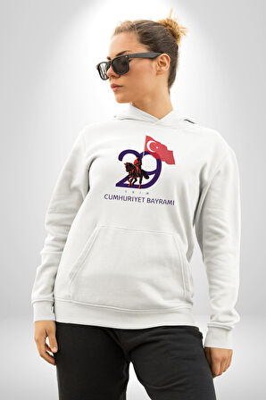 29 Ekim Cumhuriyet Bayramı Atatürk Türk Bayrağı Kadın Erkek  Beyaz Kapüşonlu Sweatshirt Hoodie