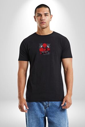 Spider Man Siyah Oversize Kadın Erkek Ön Orta Minimal Baskılı Tişört