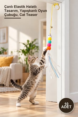 10 Adet Elastik Yapışkanlı Kedi Oyun Oltası – Çanlı Elastik Halatlı Tasarım, Yapışkanlı Oyun Çubuğu, Cat Teaser