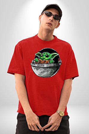 Bebek Yoda Pamuklu Bisiklet Yaka Kadın Erkek Oversize Boyfriend Dijital Baskılı Kırmızı T-shirt