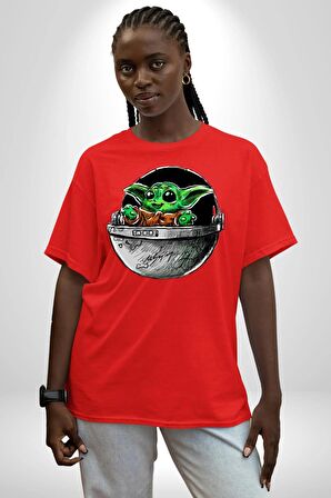 Bebek Yoda Pamuklu Bisiklet Yaka Kadın Erkek Oversize Boyfriend Dijital Baskılı Kırmızı T-shirt