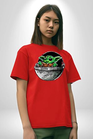 Bebek Yoda Pamuklu Bisiklet Yaka Kadın Erkek Oversize Boyfriend Dijital Baskılı Kırmızı T-shirt