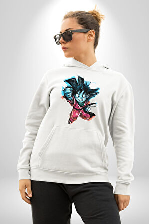 Drogon Ball Goku Anime Kadın Erkek  Beyaz Kapüşonlu Sweatshirt Hoodie
