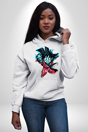 Drogon Ball Goku Anime Kadın Erkek  Beyaz Kapüşonlu Sweatshirt Hoodie