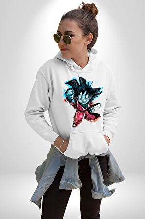 Drogon Ball Goku Anime Kadın Erkek  Beyaz Kapüşonlu Sweatshirt Hoodie