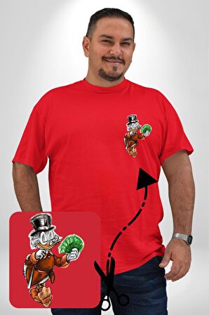 Varyemez Amca McDuck  Kırmızı Büyük Beden Kadın Basic Minimal Baskılı Tişört