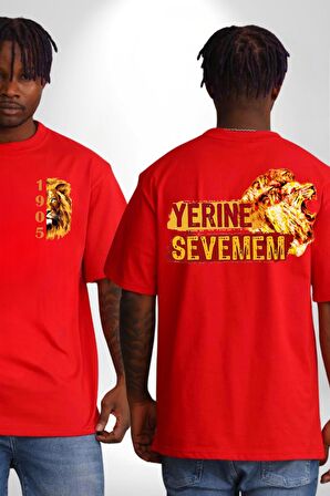 Yerine Sevemem Aslan Sarı  Kırmızı  Kırmızı Oversize Kadın Erkek Ön ve Sırt Baskılı Tişört