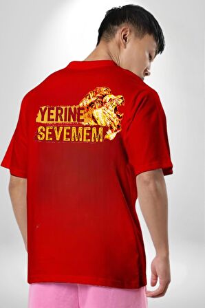 Yerine Sevemem Aslan Sarı  Kırmızı  Kırmızı Oversize Kadın Erkek Ön ve Sırt Baskılı Tişört