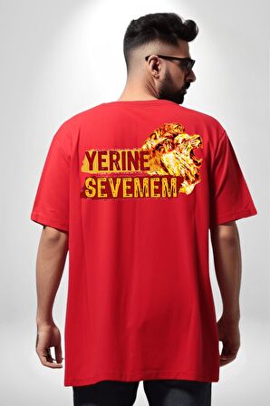 Yerine Sevemem Aslan Sarı  Kırmızı  Kırmızı Oversize Kadın Erkek Ön ve Sırt Baskılı Tişört