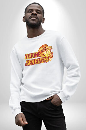 Yerine Sevemem Aslan Sarı Kırmızı  Kadın Erkek Beyaz Sweatshirt 