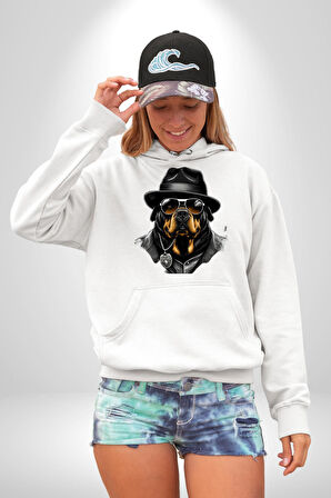 Mafya Rottweiler Kadın Erkek  Beyaz Kapüşonlu Sweatshirt Hoodie