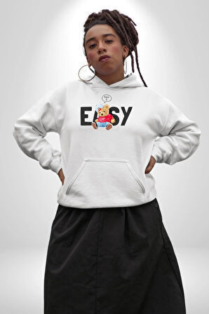 Teddy Boşver Tasarımı Kadın Erkek  Beyaz Kapüşonlu Sweatshirt Hoodie