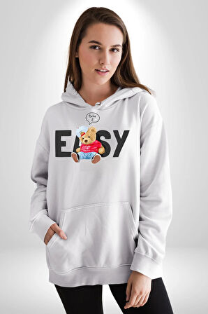 Teddy Boşver Tasarımı Kadın Erkek  Beyaz Kapüşonlu Sweatshirt Hoodie