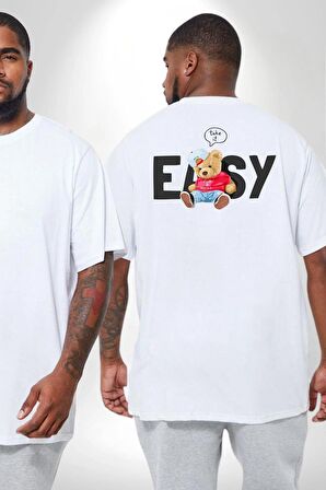 Teddy Boşver Tasarımı Büyük Beden Beyaz Tişört Kadın Erkek Ünisex Sırt Baskılı