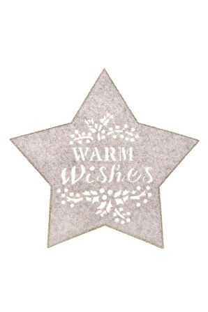 1 Adet Bej Keçeden Yıldız Şeklinde Simli "Warm Wishes" Yazılı Noel Suplası & Amerikan Servisi 35 cm