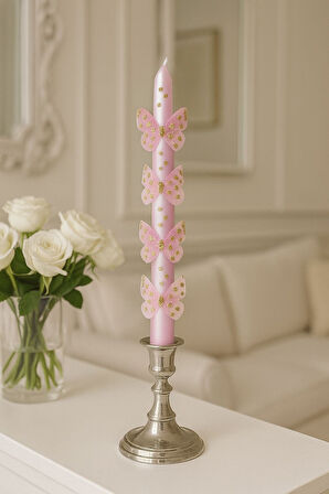 2'li Set Pembe Kelebekli Uzun Şamdan Mumu & Dekoratif Doğum Günü Mumu 25cm