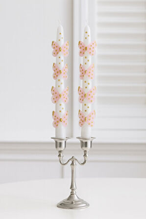 2'li Set Pembe Kelebekli Uzun Şamdan Mumu & Dekoratif Doğum Günü Mumu 25cm