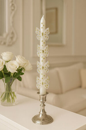 2'li Set Beyaz Kelebekli Uzun Şamdan Mumu & Dekoratif Doğum Günü Mumu 25cm