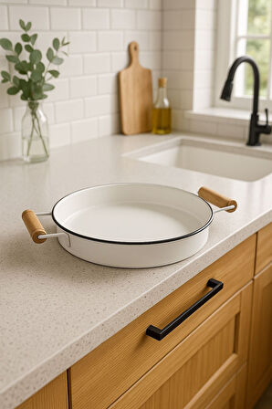 26 cm Yuvarlak Ahşap Kulplu Country Tarzı Siyah Kenarlı Beyaz Küçük Boy Metal Tepsi