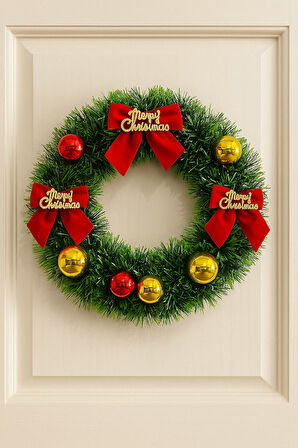 Yılbaşı Kapı Süsü Merry Christmas Çelenk 30 cm Kırmızı Kurdeleli Noel Dekoru