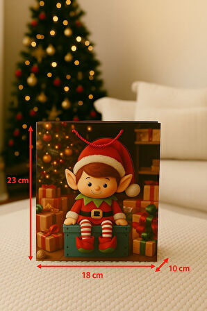 3 Boyutlu Küçük Elf Yılbaşı Temalı Hediye Paketi & Çanta & Poşet 23*18*10 cm