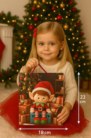 3 Boyutlu Küçük Elf Yılbaşı Temalı Hediye Paketi & Çanta & Poşet 23*18*10 cm