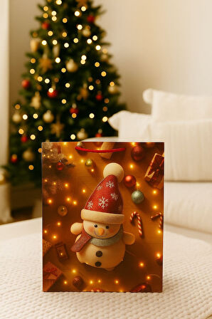 3 Boyutlu Küçük Kardan Adam Yılbaşı Temalı Hediye Paketi & Çanta & Poşet 23*18*10 cm