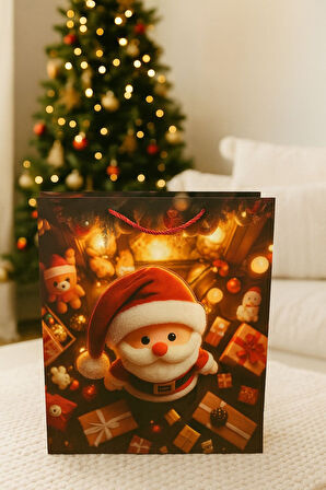 3 Boyutlu Küçük Noel Babalı Yılbaşı Temalı Hediye Paketi & Çanta & Poşet 23*18*10 cm