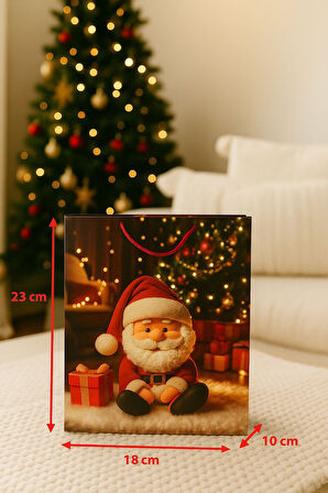 3 Boyutlu Küçük Noel Babalı Yılbaşı Temalı Hediye Paketi & Çanta & Poşet 23*18*10 cm 