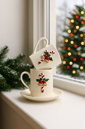 Yeni Yıl Özel 2'li Porselen Türk Kahvesi Fincan Takımı| Yılbaşı Konseptli Şeker Baston Detaylı