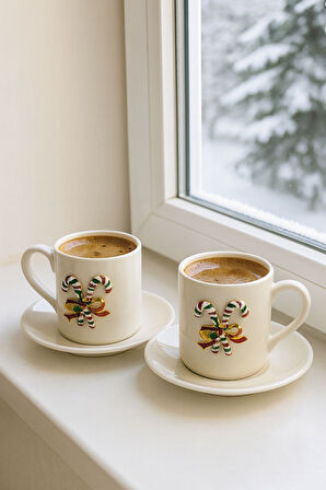 Yeni Yıl Özel 2'li Porselen Kupa Fincan Takımı | Şeker Bastonlu Fiyonk Detaylı