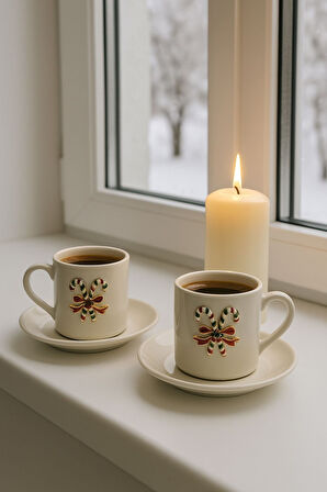 Yeni Yıl Özel 2'li Porselen Kupa Fincan Takımı | Şeker Bastonlu Fiyonk Detaylı