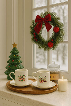 Yeni Yıl Özel 2'li Porselen Kupa Fincan Takımı | Şeker Bastonlu Fiyonk Detaylı